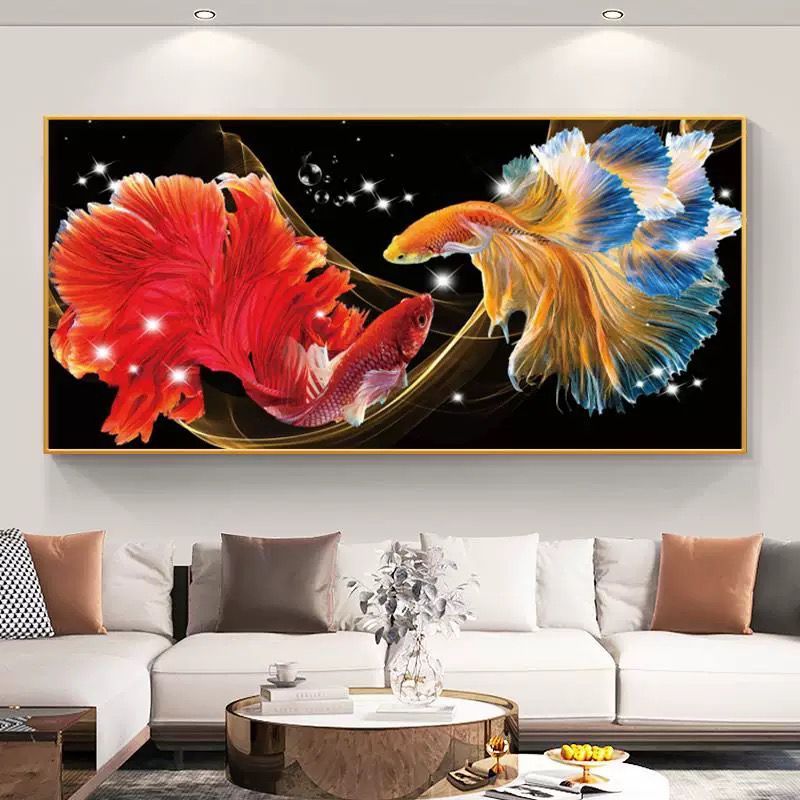 Lukisan Porcelain 5D Diamond Motif Ikan Cupang Pajangan Dinding Ikan Cupang Halfmoon Warna Aesthetic