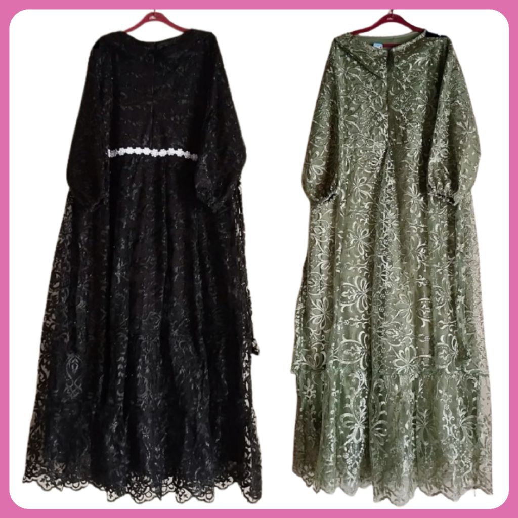 Baju Gaun Muslim Long Dress Gamis Mewah Brokat Brukat Hitam Hijau Sage