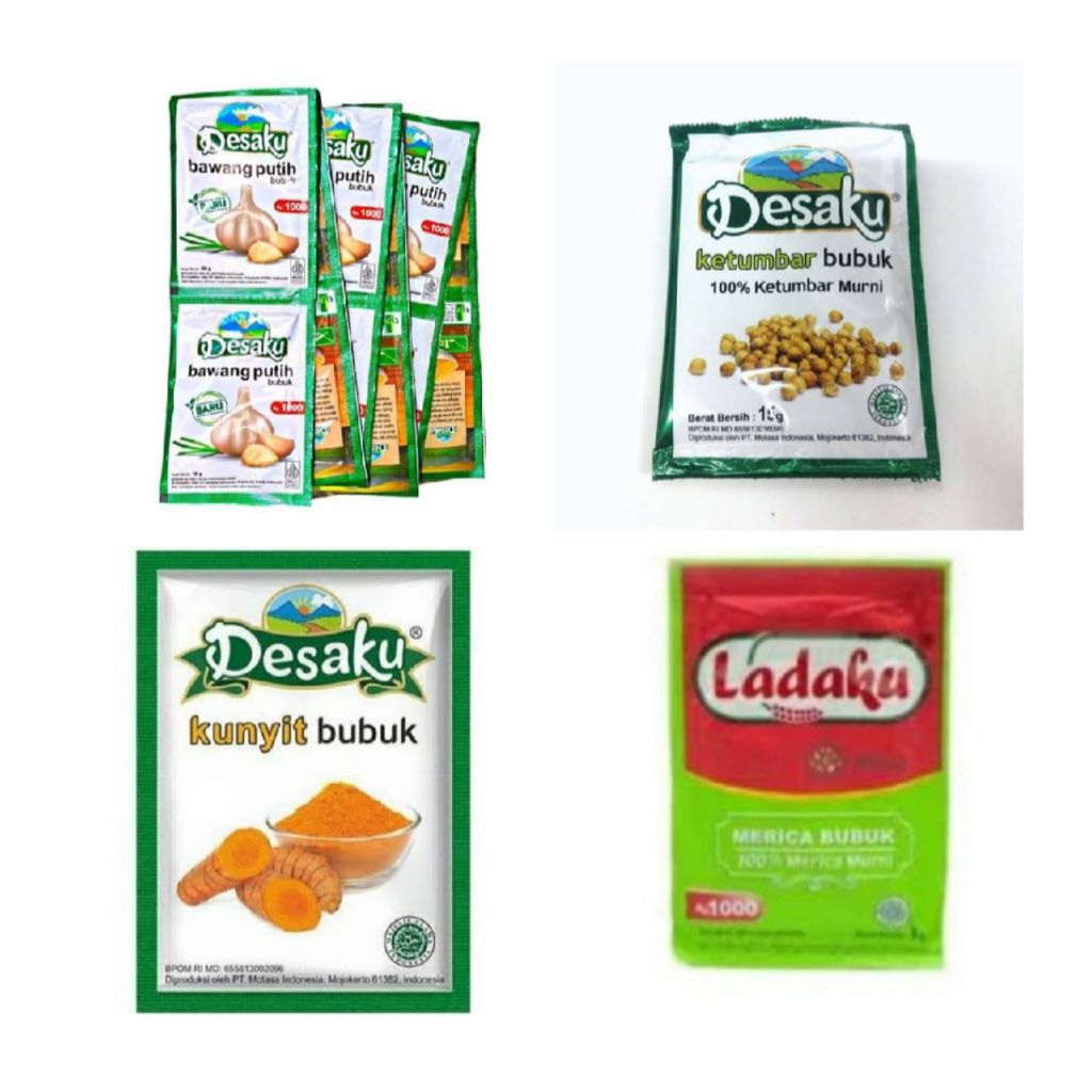 

Desaku Bumbu Dapur Bawang Putih, Ketumbar Bubuk, Kunyit, Ladaku 1 Renceng Isi 12 Sachet