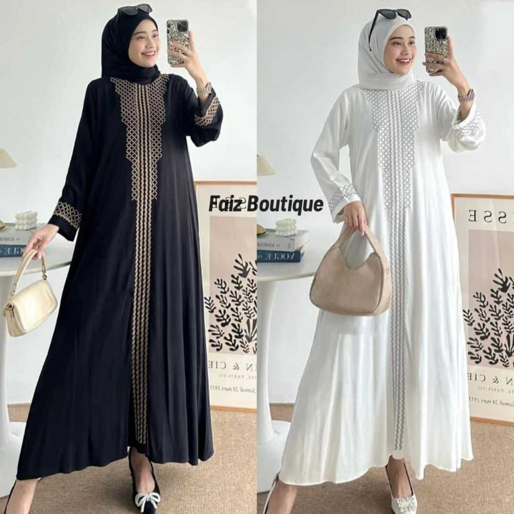 NISRIN ABAYA HITAM PUTIH/ DRESS GAMIS CERUTY BABYDOLL PREMIUM MIX BORDIR / HAJI UMROH