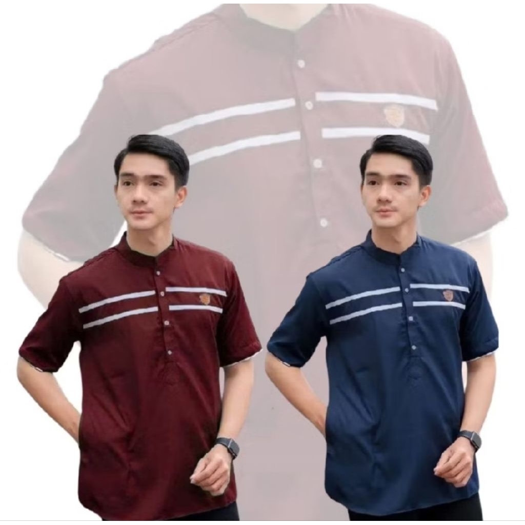 Baju Koko Kurta Lengan Pendek List dua | Baju Koko Muslim Dewasa Fashion Terbaru