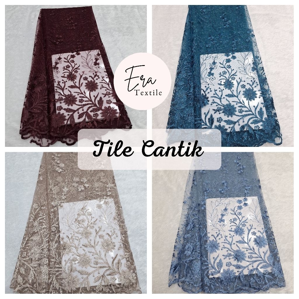 Kain Tile Cantik - Bahan Brokat Tile Bordir Pinggir, Kain Tile Mutiara Gliter Motif Bunga Sakura Bor