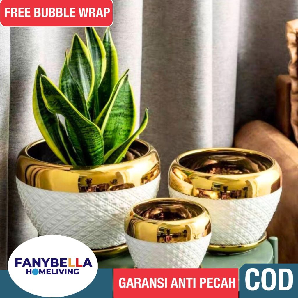 Pot Keramik Tanaman Vas bunga keramik Porselen Emas Gold Putih Emas Satu Set rumah Import