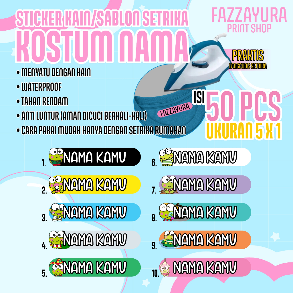 

TERMURAH ISI 50 PCS | STICKER KAIN/SABLON SETRIKA/SABLON KOSTUM NAMA | TEMA KEROPPI