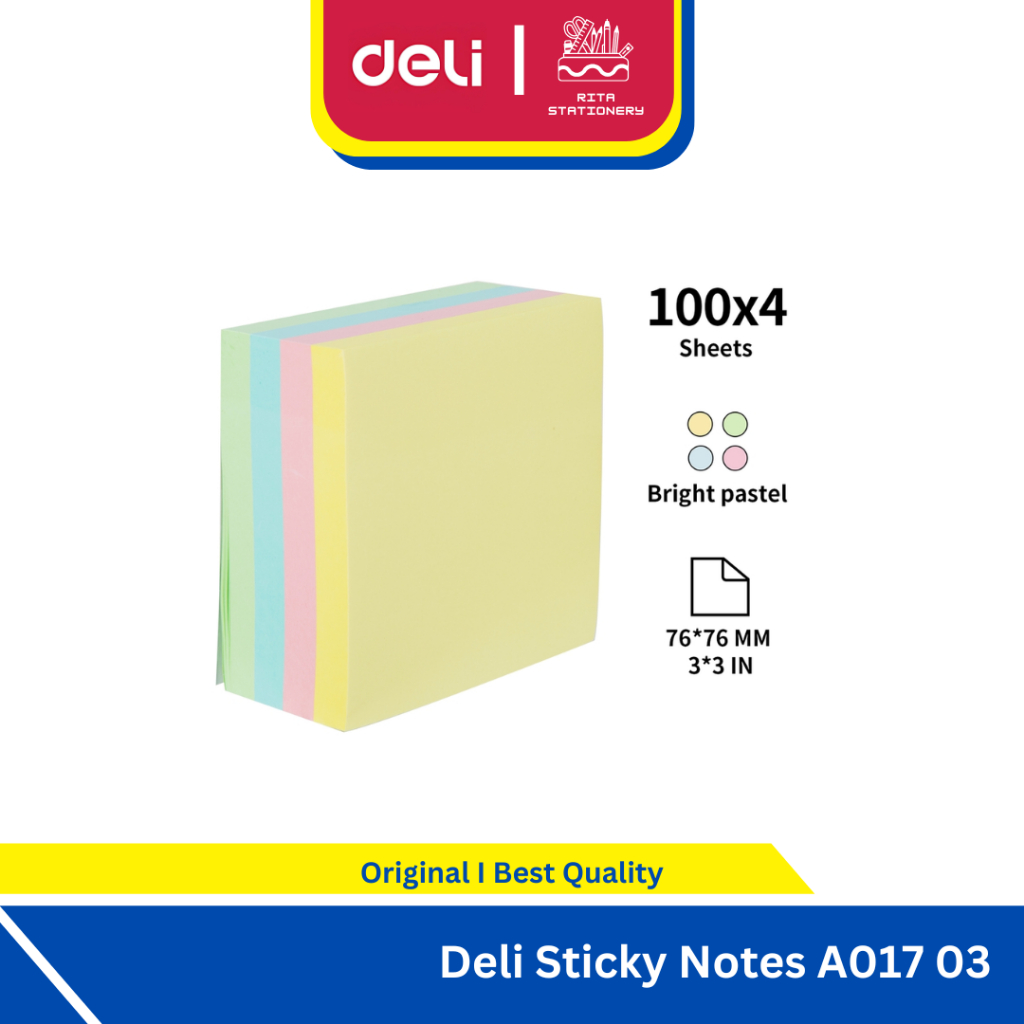 

Deli Sticky Note Pad Notes Stick UP 76mmx76mm 100x4 Warna Pastel - A01703
