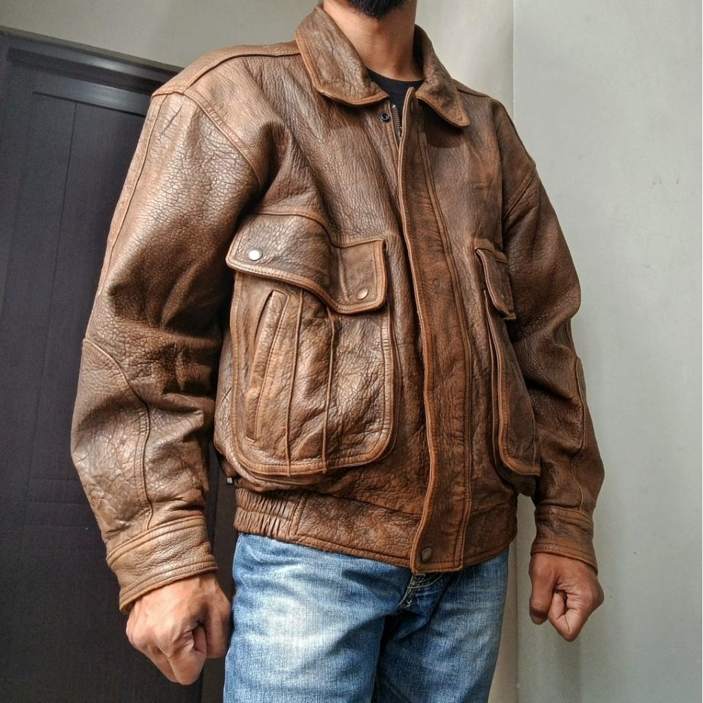 Vintage Flight Pilot Jacket - Jaket Kulit Tebal Pria Unisex Casual Second Preloved