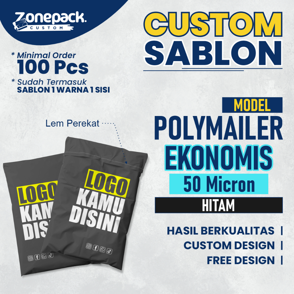 

Sablon Plastik Polymailer Hitam EKONOMIS 50 Micron | Sablon 1 Warna 1 Sisi Custom Free Desain
