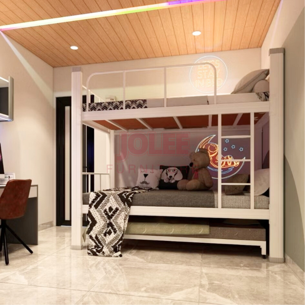 JF-Tempat tidur besi tingkat atas, lemari besi tingkat bawah + rak buku + meja, tempat tidur tingkat