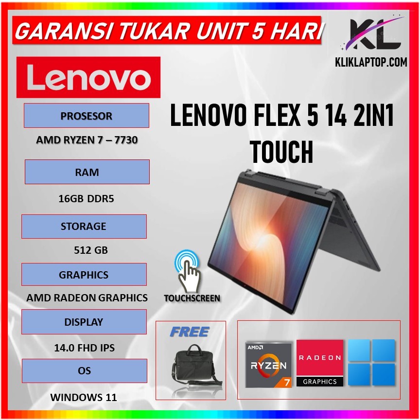Lenovo Flex 5 14 2in1 Touch Ryzen 7 7730 16GB 512GB Windows 11 14.0 Full HD Ips