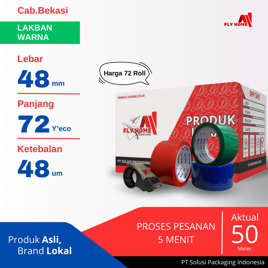 

FLYHOME Lakban warna 72yard 2inci 48x72 yard 1 dus - merah putih kuning hijau biru hitam