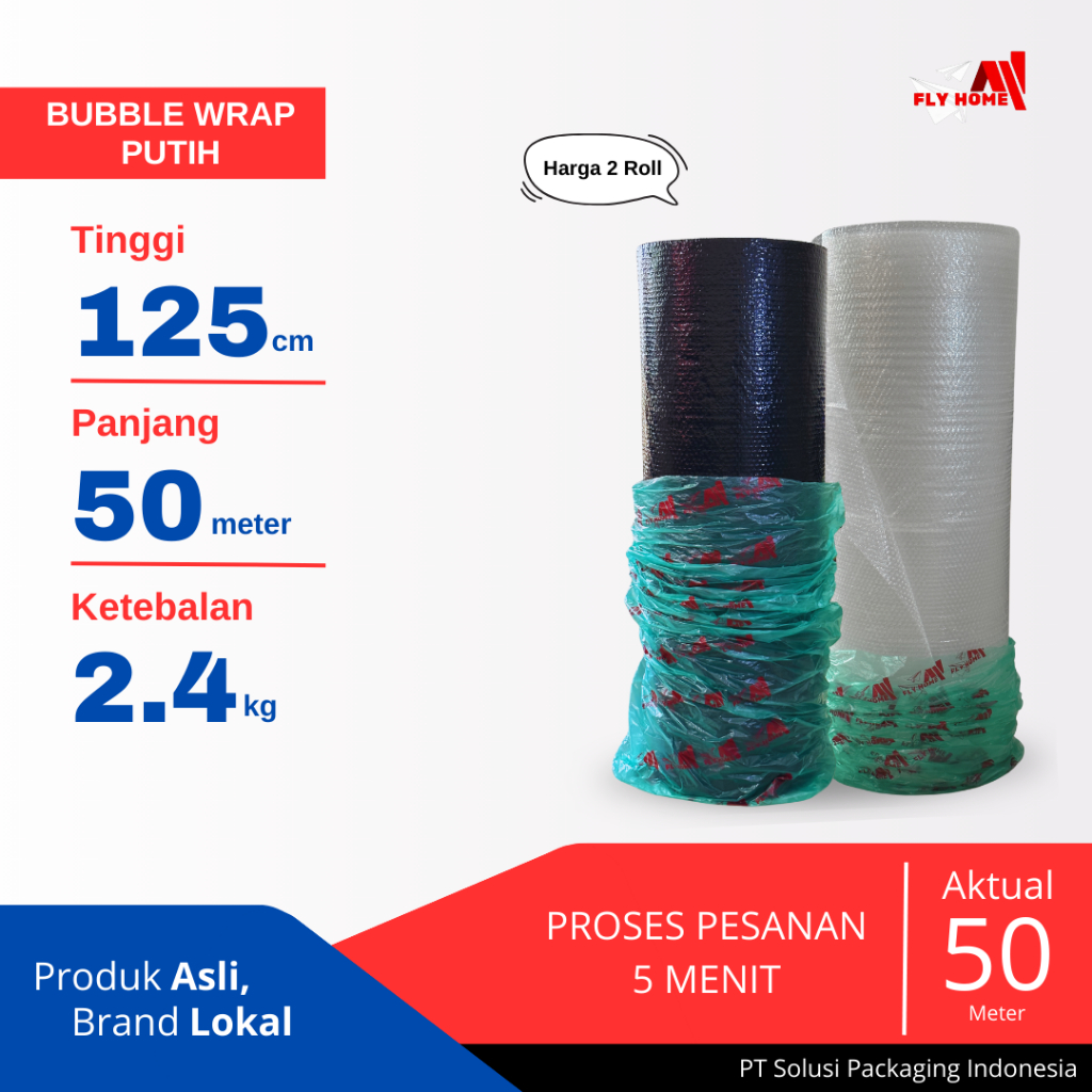

FLYHOME Bubble wrap putih 2 roll 2,4kg 50meter bubblewrap 125x50m Instan