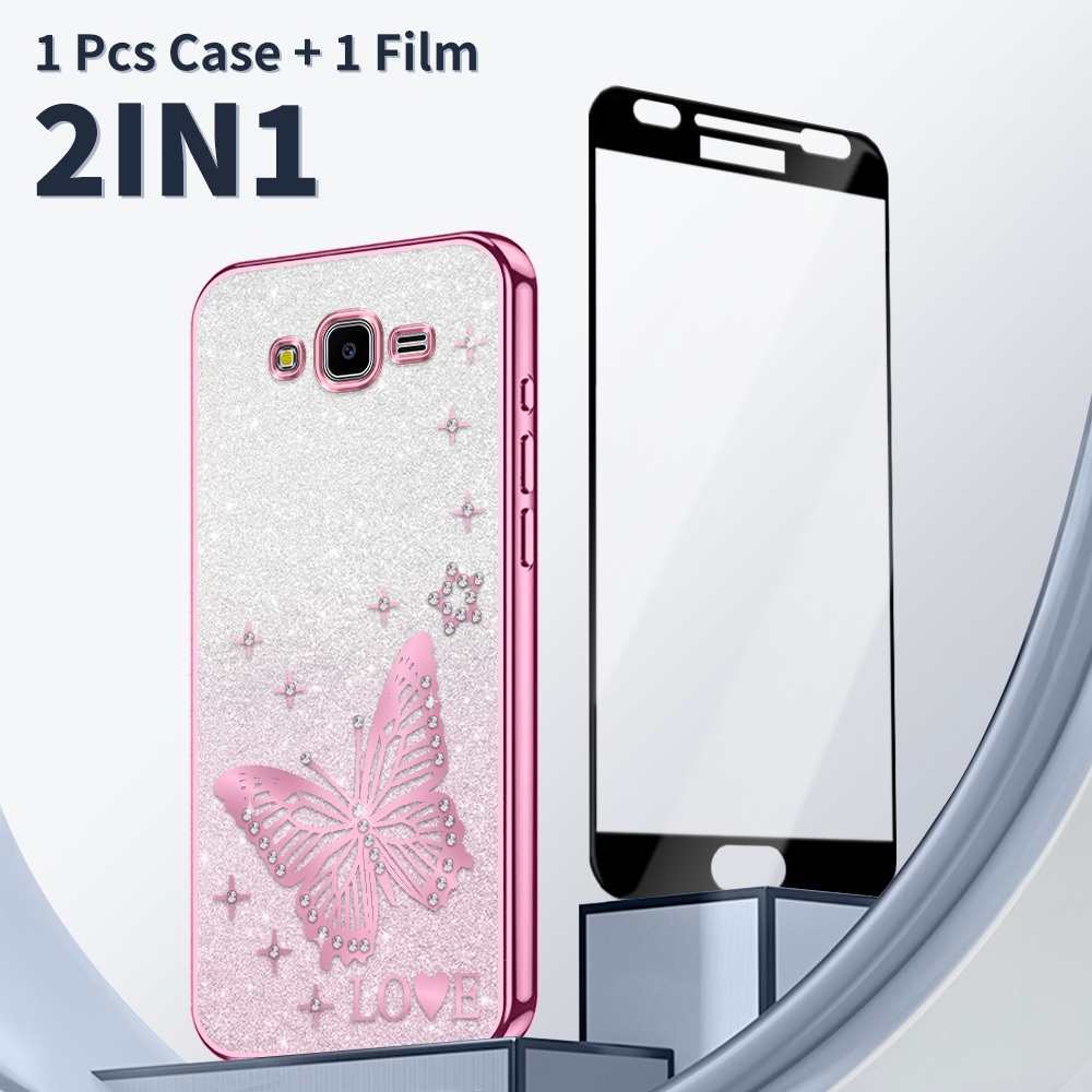 2 in 1 Casing HP untuk Samsung J7 Core J7 2015 J7 Neo Case Aesthetic Bling cover + Film Keramik Anti
