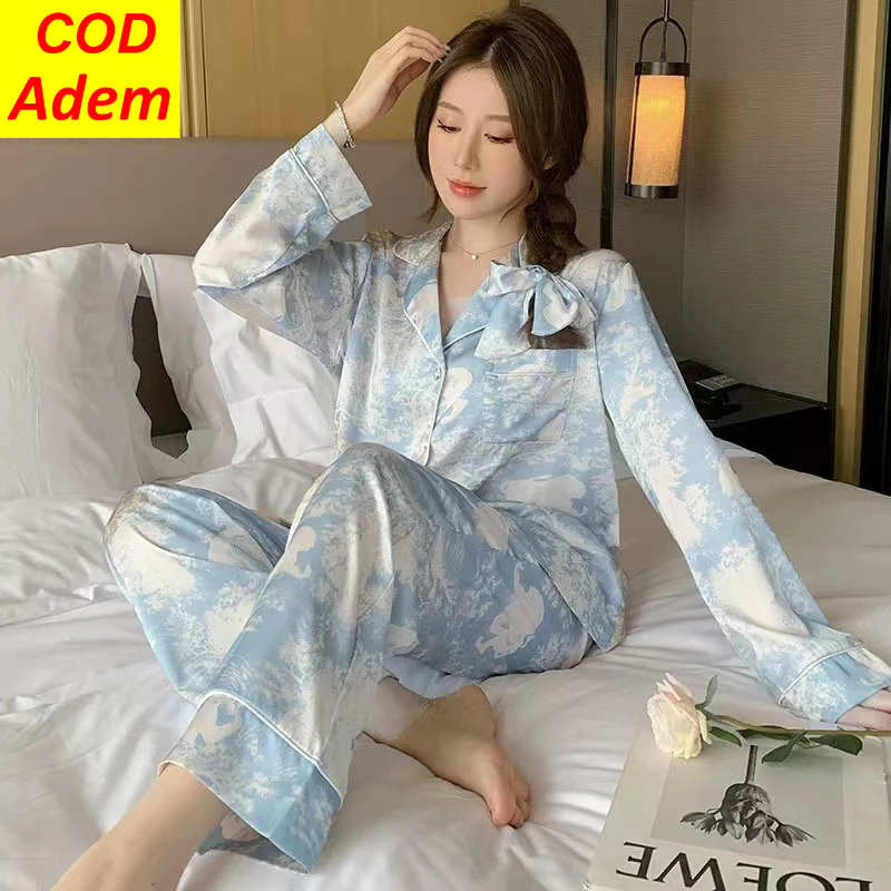 Baju tidur wanita lengan panjang satin premium korea piyama wanita dewasa setelan tie dye bestseller