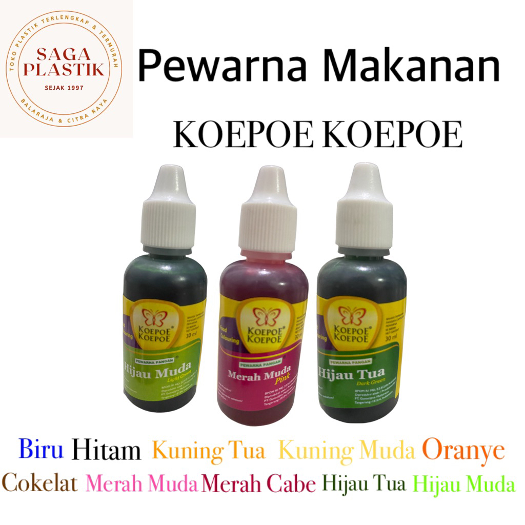 

Pewarna Makanan Koepoe Koepoe 30ml Biru Hitam Kuning Tua Kuning Muda Orange Coklat Merah Muda Merah Cabe Hijau Tua Hijau Muda