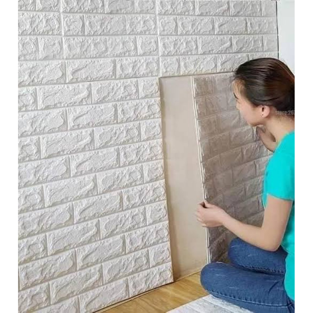 wallpaper dinding 3D motif bata putih timbul tebal 4mm ukuran 70cm x 77cm