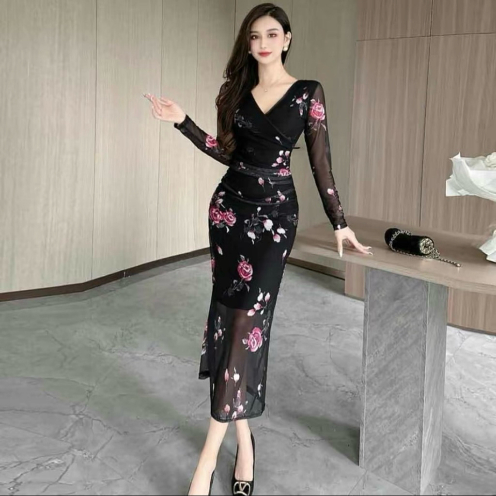 Long Sleeve Strech Mess Flower Print Slim Dress  - Dress Pressbody Korea Hitam Motif Bunga