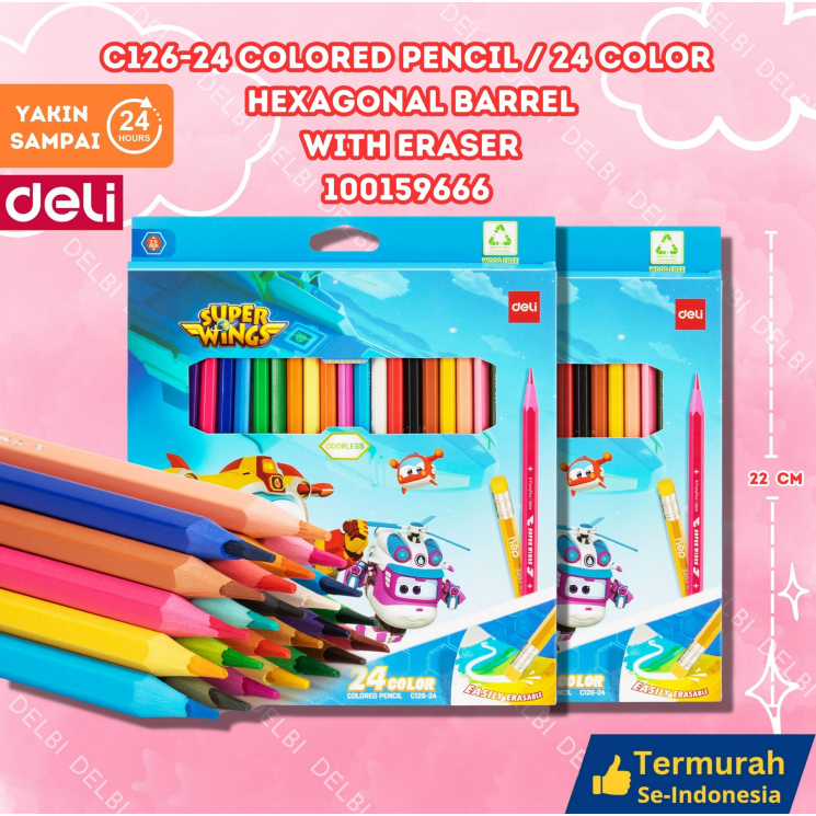 

C126-24 Colored Pencil 24 color Hexagonal Barrel With eraser DELI PENSIL WARNA PENGHAPUS