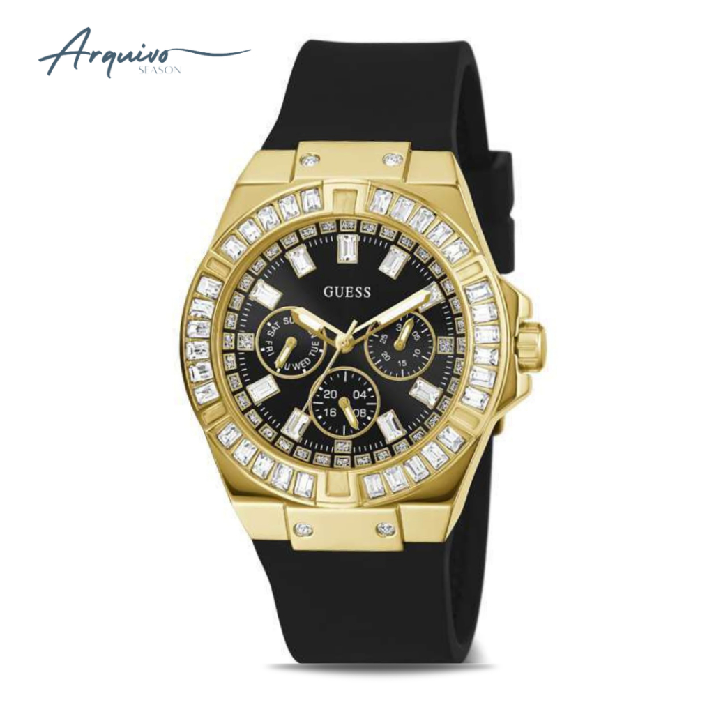 Jam Tangan Guess Wanita Chronograph Black Rubber Gold Case Mewah Casual Original GW0118L1