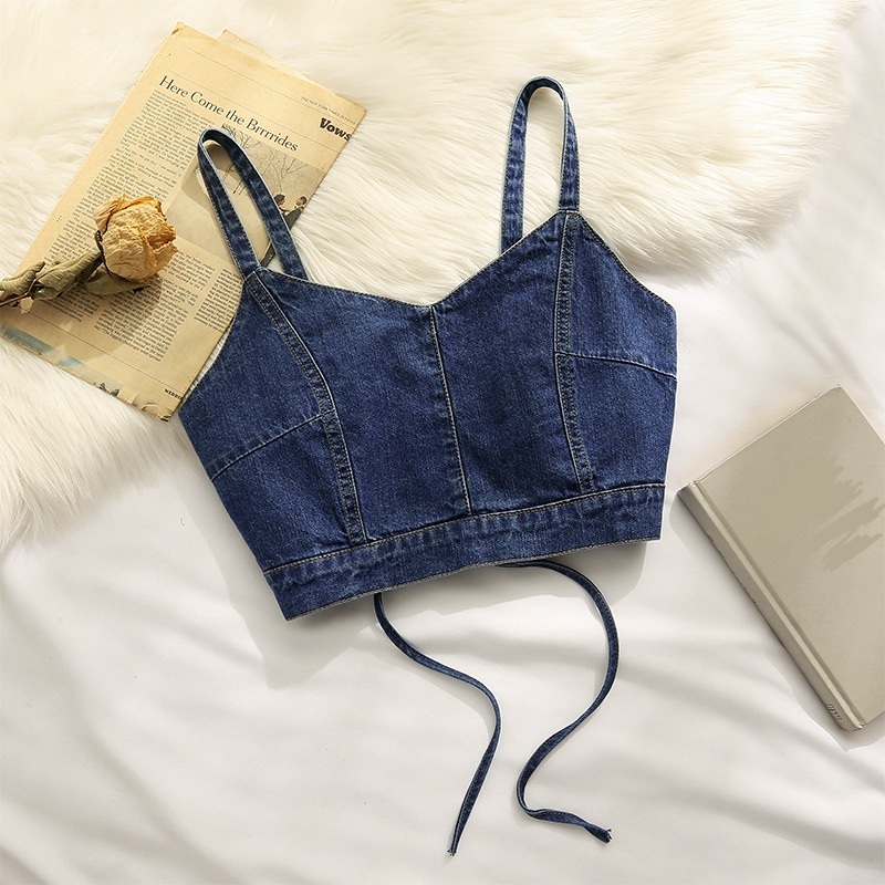 CROP JEANS TANK TOP MODEL TALI KORSET BELAKANG (NON BUSA)【W.P_Fashion V220-T015】