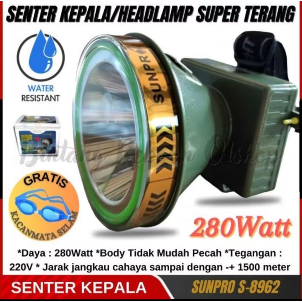sunpro s-8962 senter kepala menyelam 280watt cahaya putih