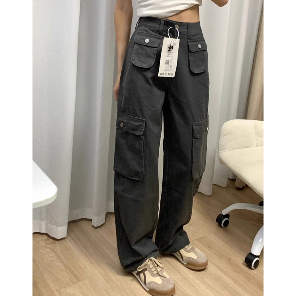 KODE U24I COD LULU Abu abu Krem Highwaist Cargo Celana Jeans Wanita