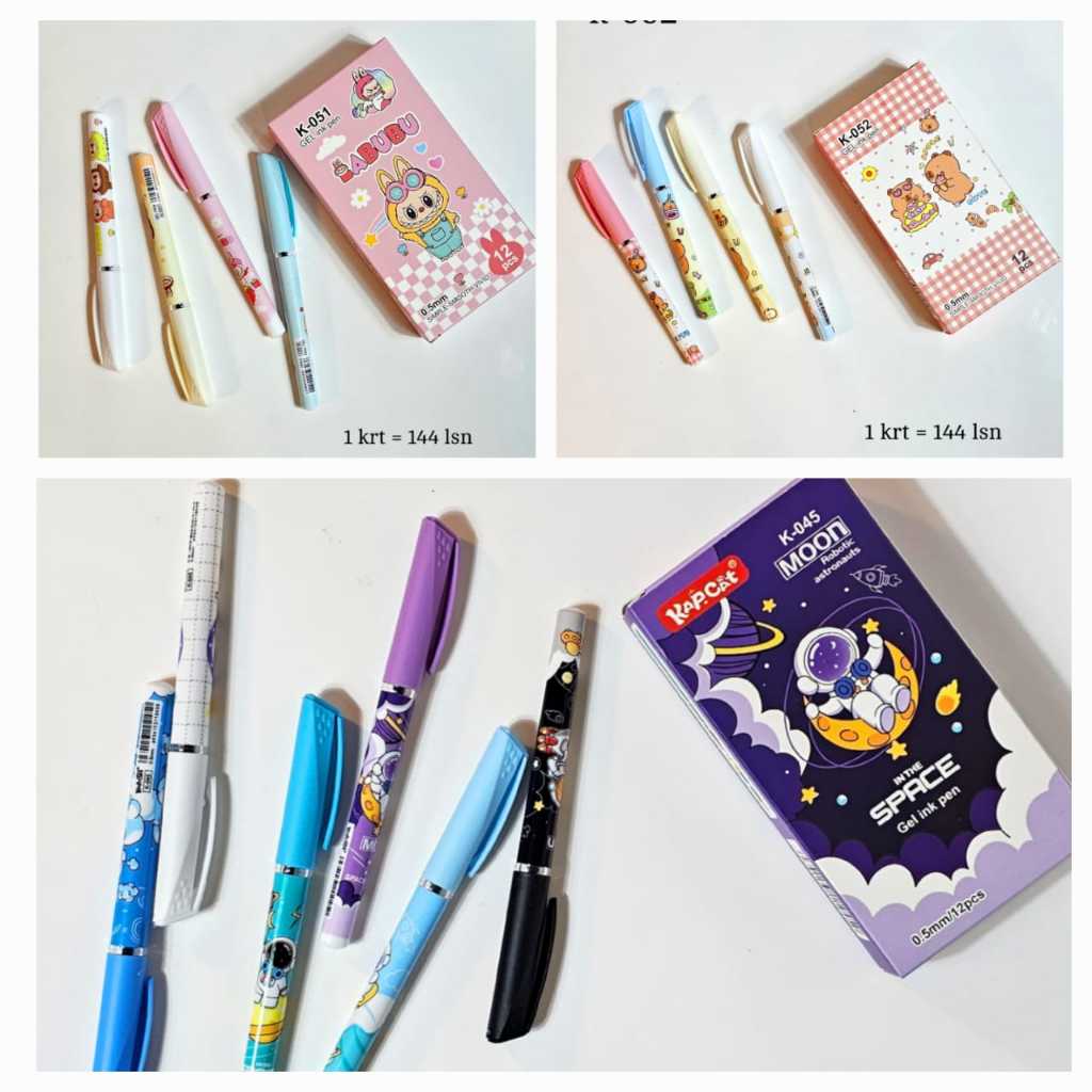 

[1 Lusin / 12 Pcs] Pulpen Bolpen Pena Gel Pen Motif Fancy Labubu Capybara Astronot Tinta Hitam 0.5mm K-051 045 052