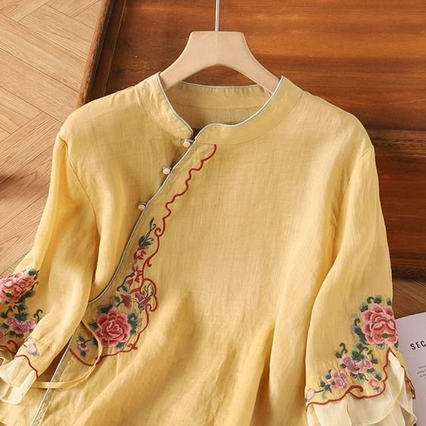 Blus Wanita Vintage Artistik Katun Linen Asimetris Bordir Kancing