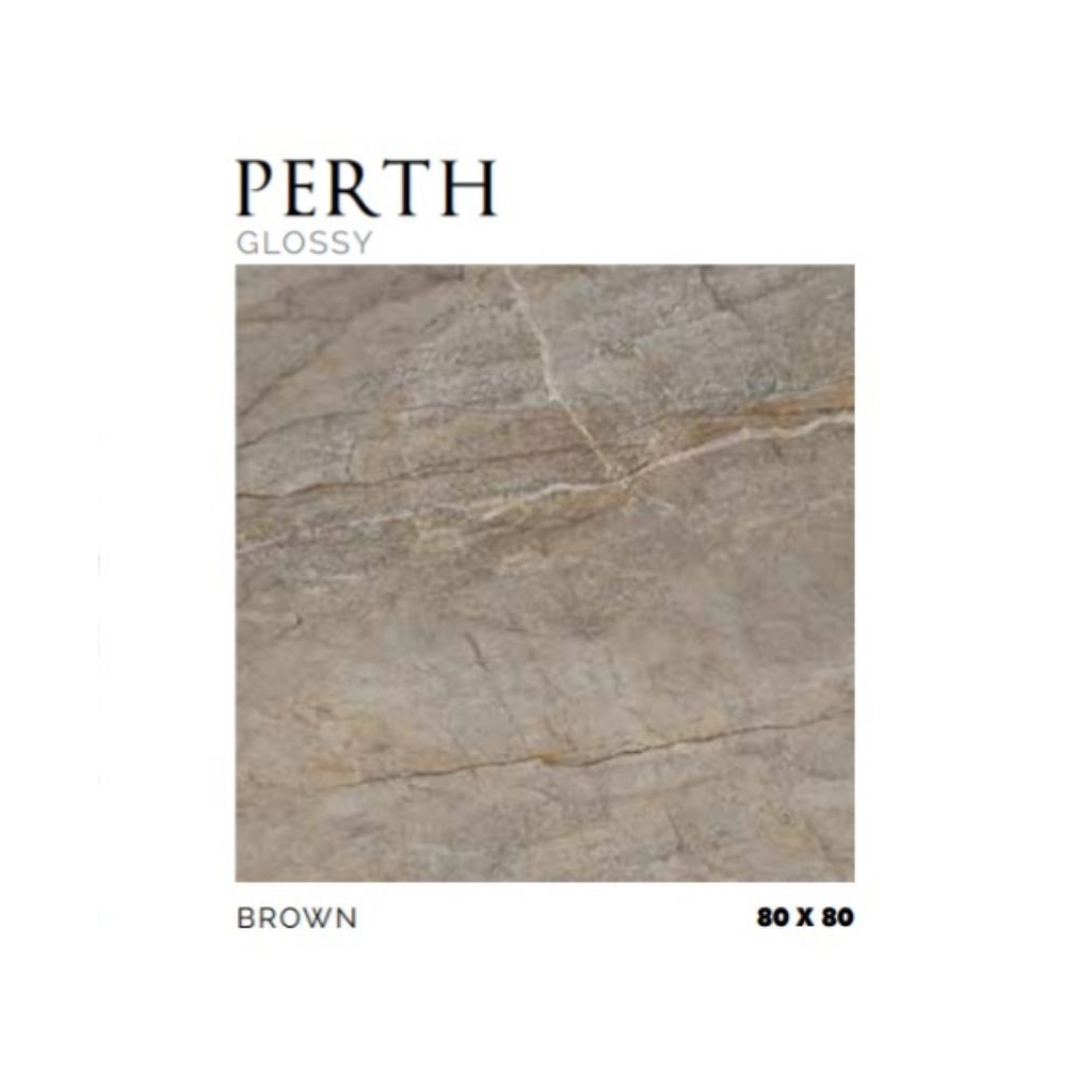 KERAMIK MERK PLATINUM TIPE PERTH BROWN UKURAN 80X80 WARNA COKLAT PERMUKAAN TEKSTURE GLOSSY UNTUK DIN