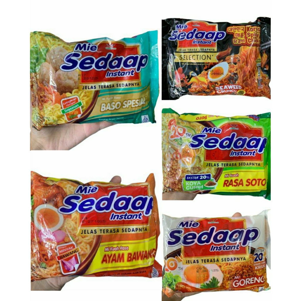 

Mie Sedaap Instan Sedaap Goreng, sedap selection, dan Kuah Rasa Ayam bawang, Baso, Soto