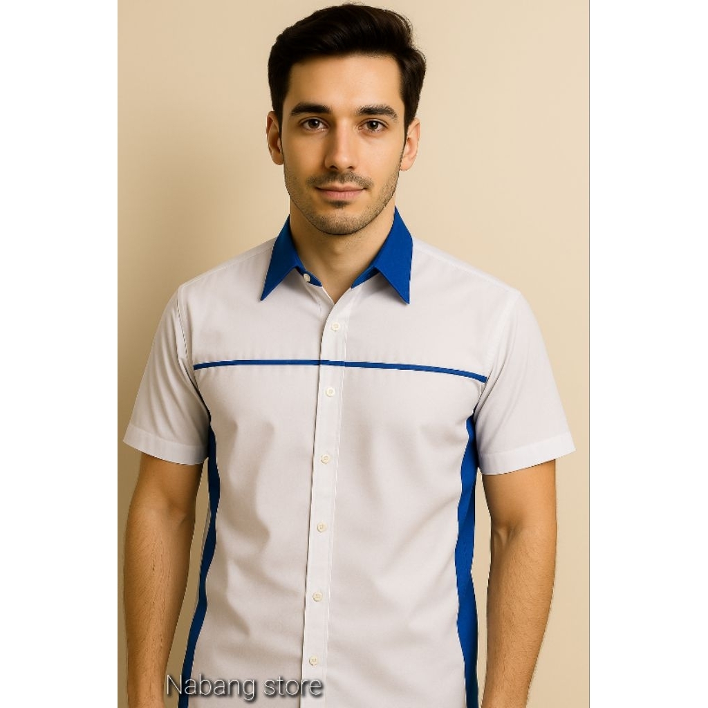 DV Kemeja Seragam Kerja Putih Kmb Hijau, Putih Oren, Putih Biru Tangan Pendek Drill DV-02