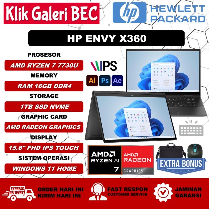 Laptop Lipat HP Envy X360 15 Amd Ryzen 7 7730U 16GB 1TB 15.6 FHD IPS Touchscreen Backlit Nightfall B