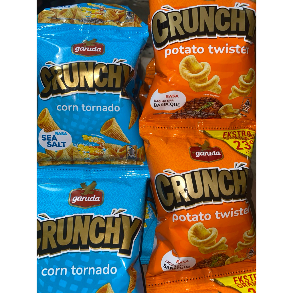 

Garuda Crunchy Corn Tornado dan Potato Twister Chiki 1Renceng isi 10 Pcs @17Gr