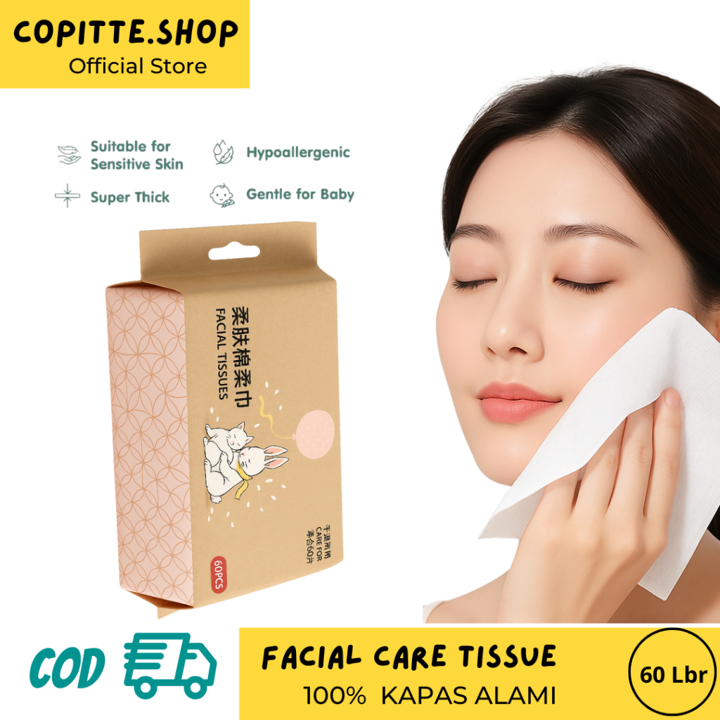 Tisu Wajah Isi 60 Lembar 100% Cotton Tissue Facial Towel Tisu Basah Dan Tisu Kering Pembersih Makeup