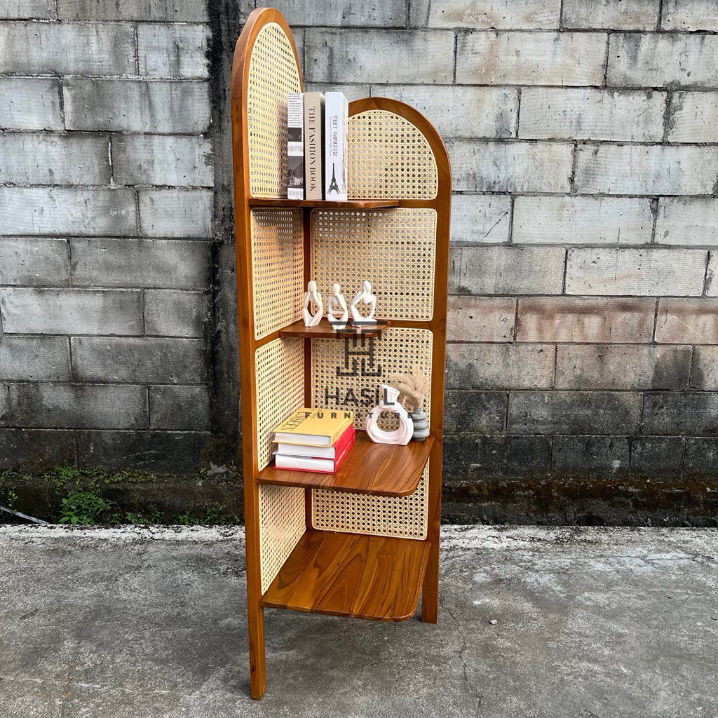 Rak Buku Rotan Kayu Jati Rak Sudut Rak Pojok Rotan Retro