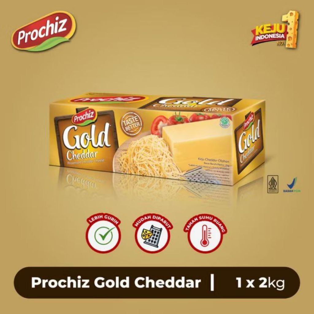 

RB Keju Prochiz Gold Cheddar 2KG8 (1KARTON) Asin Gurih Parutan Panjang