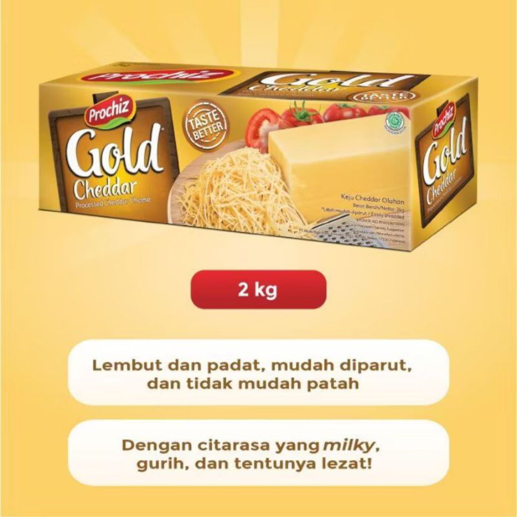 

IO Keju Prochiz Gold Cheddar 2KG/1Balok (1PCS) Asin Gurih Parutan Panjang