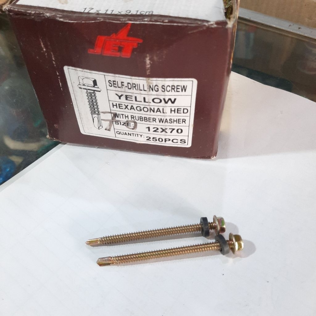 [1 BOX isi 250 PCS] Baut Roofing 12 x 70 Hexagonal HED merk Jet / Baut Seng Kuning 7 cm / ada karet