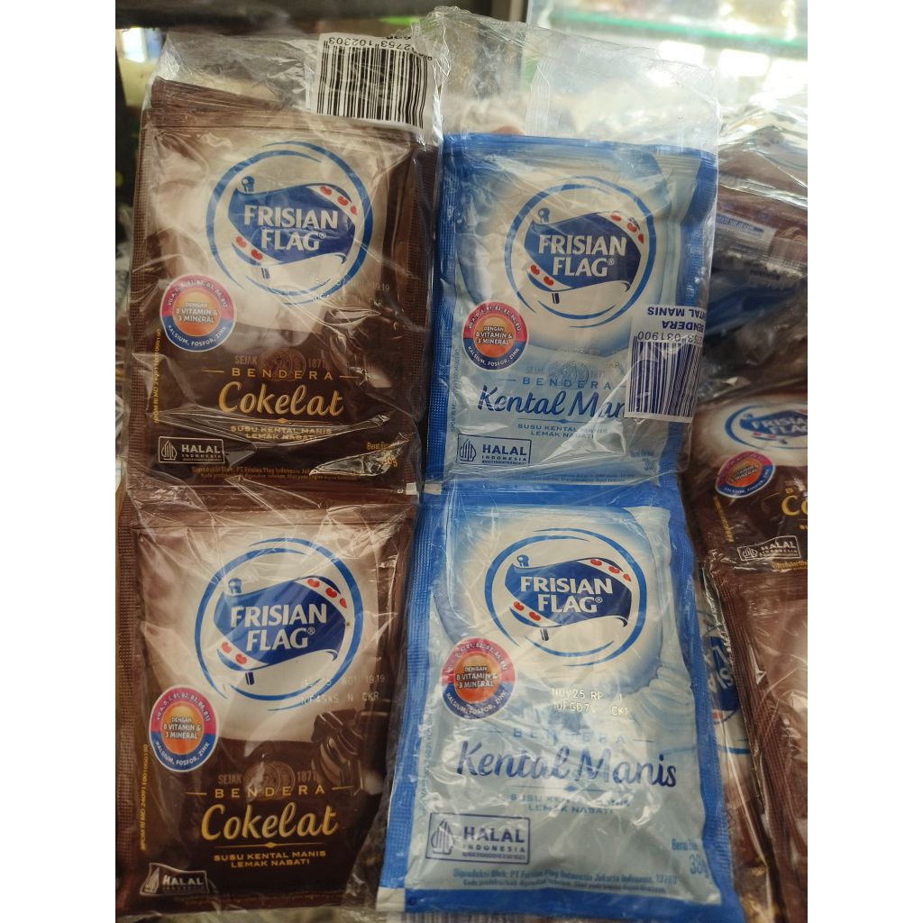 

SUSU KENTAL MANIS BENDERA FRISIAN FLAG PUTIH | COKLAT COKELAT SACHET 40 GR 1 RENCENG RENTENG ISI 6 BUNGKUS