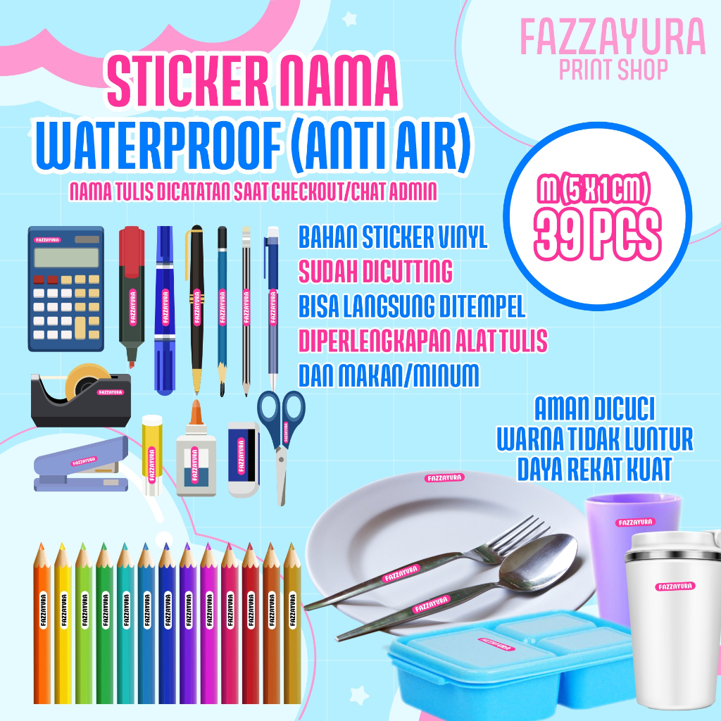 

[SIZE M 5X1 CM = 39 PCS] STICKER KOSTUM NAMA BARANG PERLENGKAPAN SEKOLAH/ALAT TULIS/PERLENGKAPAN MAKAN ANAK MASUK PONDOK, ANTI AIR AMAN DICUCI, TIDAK LUNTUR DAYA REKAT KUAT
