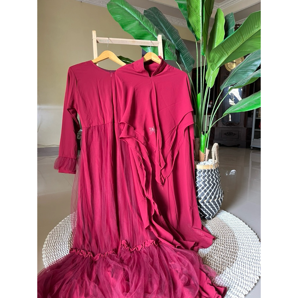 (NEW) satu set gamis dress abaya syari merah maroon merk alula