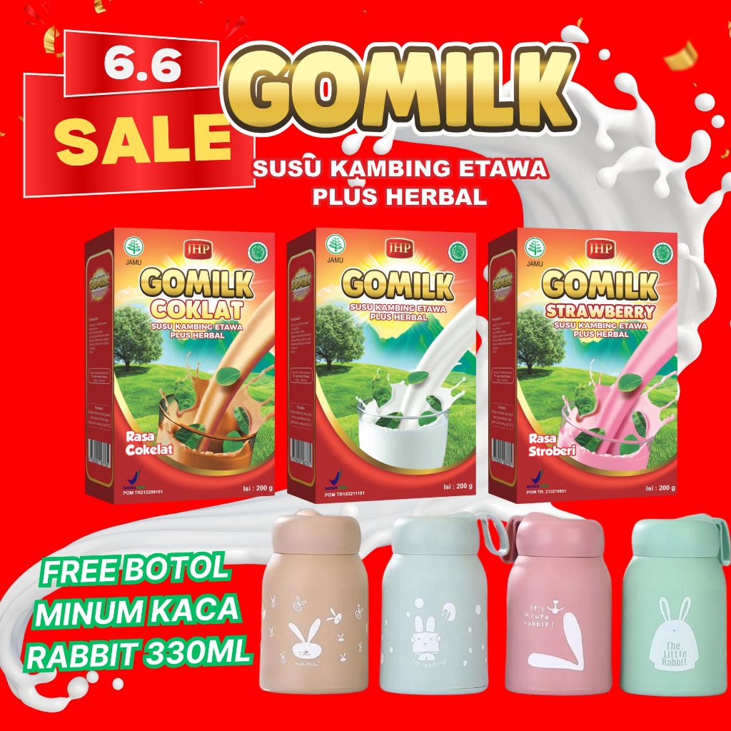 

PAKET 3 BOX GOMILK susu etawa kambing gratis botol minum gelas kaca rabbit 330ml