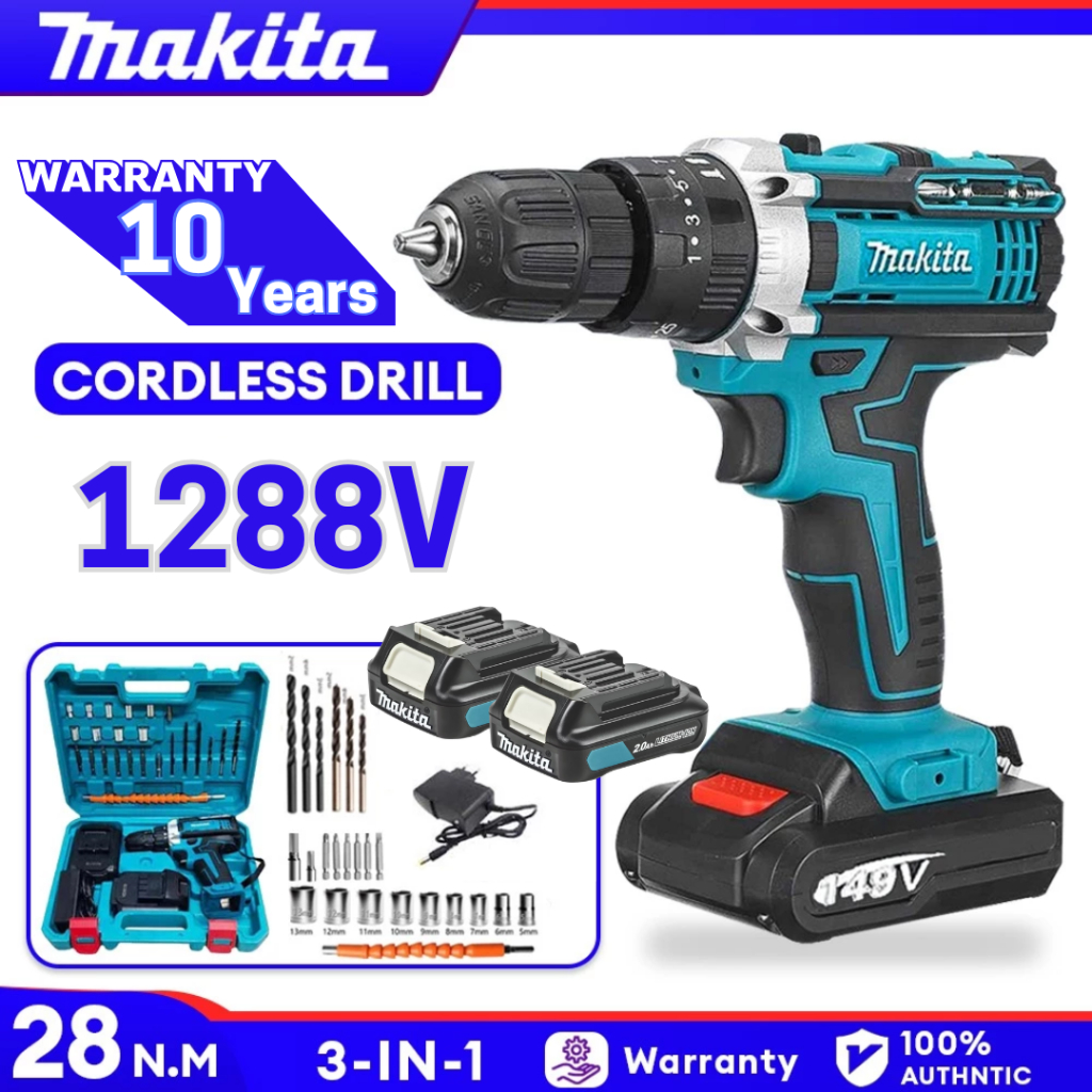 MAKITA Bor Listrik 1288V Bor Impact baterai Cordless Untuk Besi Tembok Beton Kayu Mesin Bor baterai-