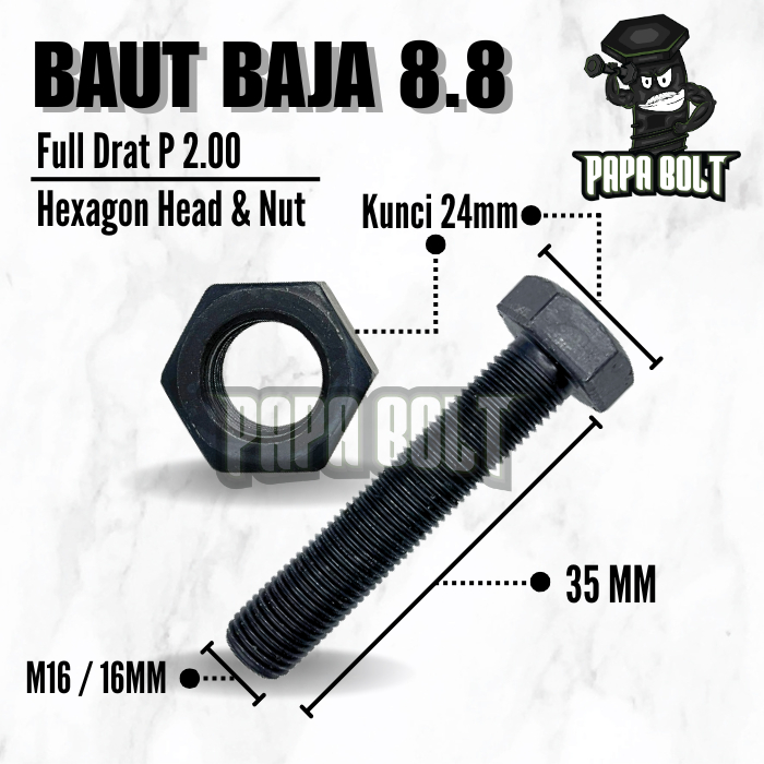 Baut Mur Baja 8.8 M16x35 Full Drat Kasar P2.00 HTB 16x35 Kunci 24