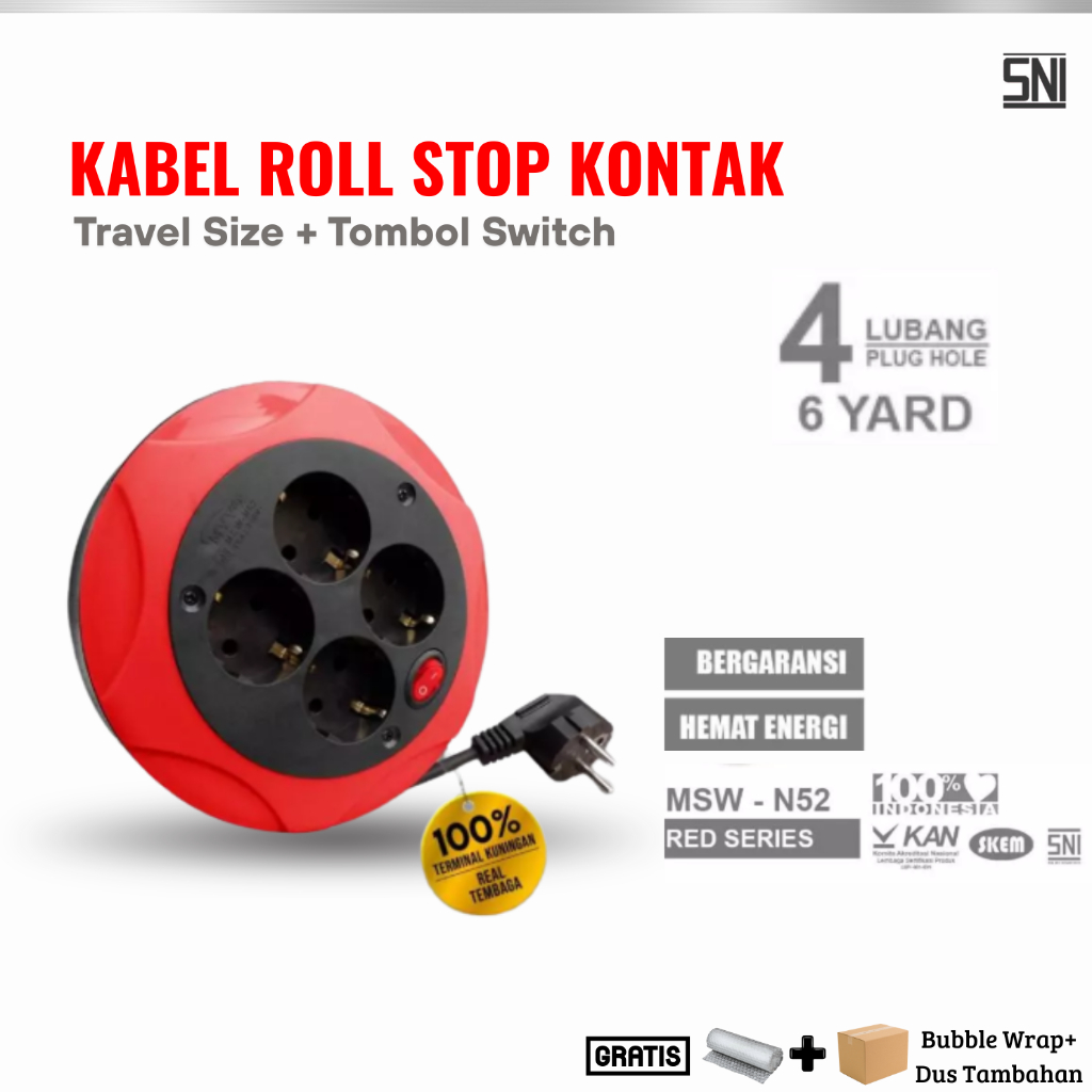 Kabel Roll Listrik 4 Lubang + Saklar Terminal Box Colokan Kuningan Panjang 6Yard SNI