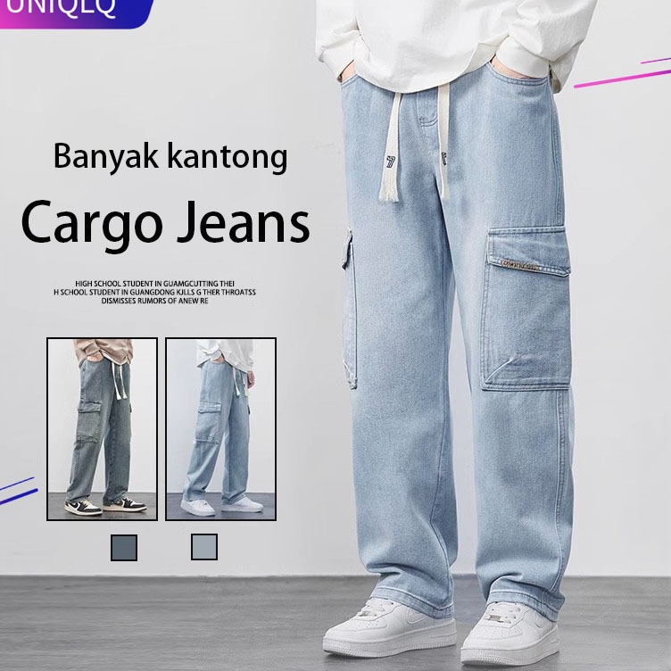KODE E19C Celana Jeans Pria Celana Cargo Panjang Pria Baggy Pants Celana Kantong Samping Pria Celana