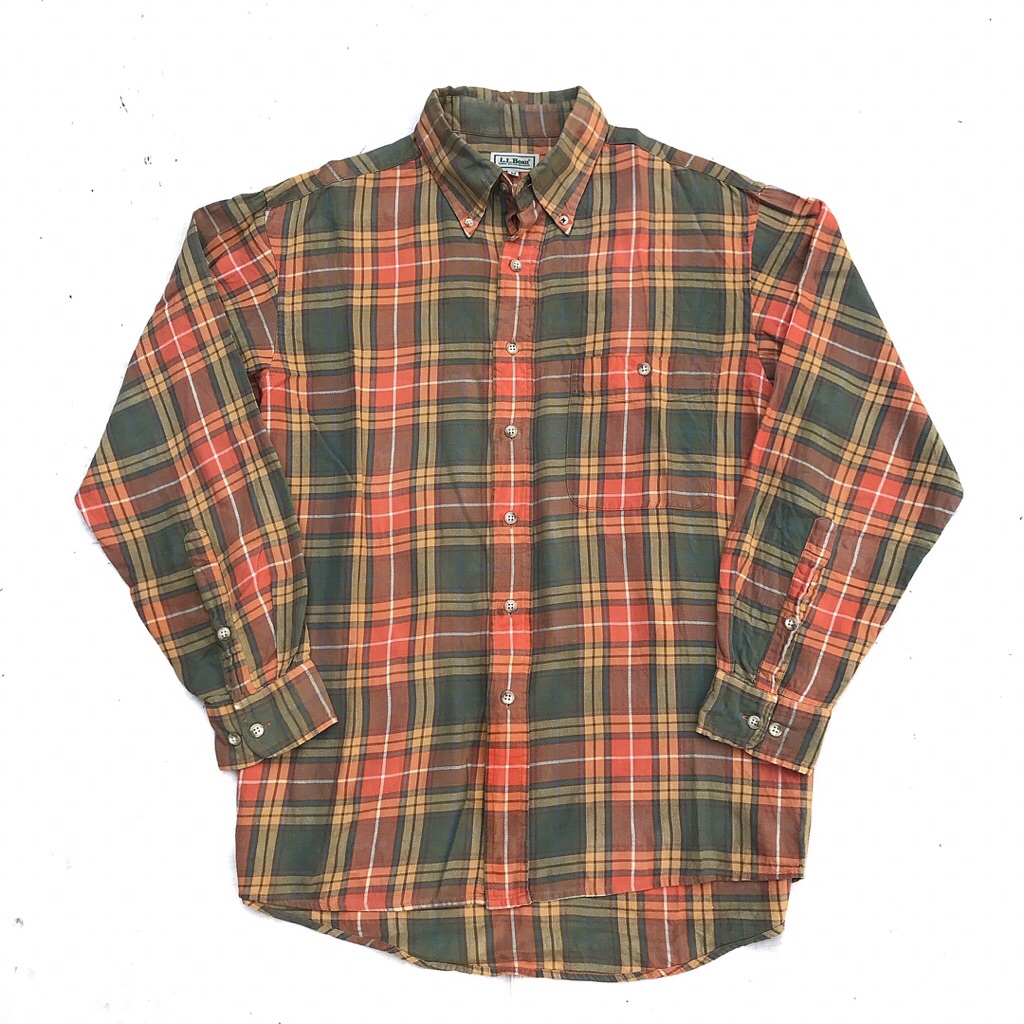 Vintage LL Bean Summer Shirt Green orange long sleeves button down window pane checkered Pattern  Si