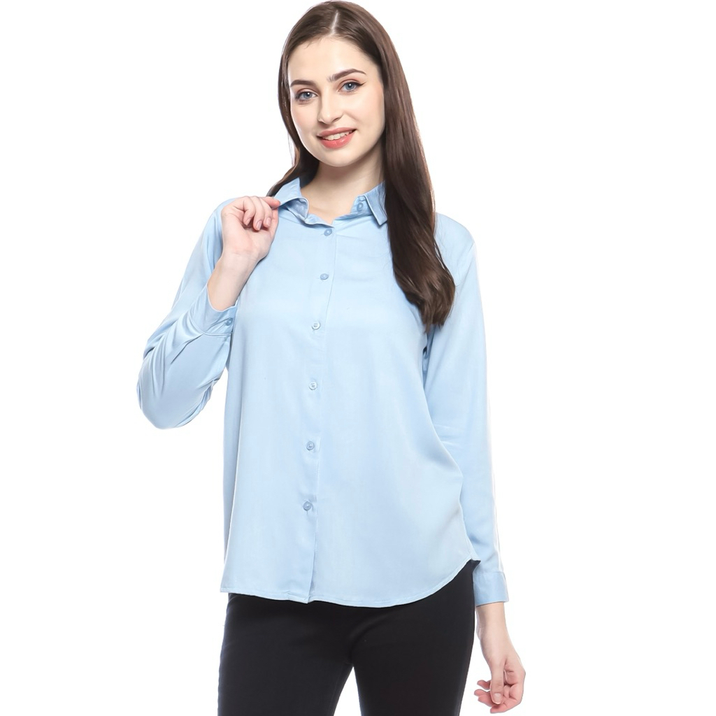 Kemeja wanita lengan panjang bahan rayon twill, adem , nyaman di pakai.Atasan kantor.Mei Hua Shirt.B