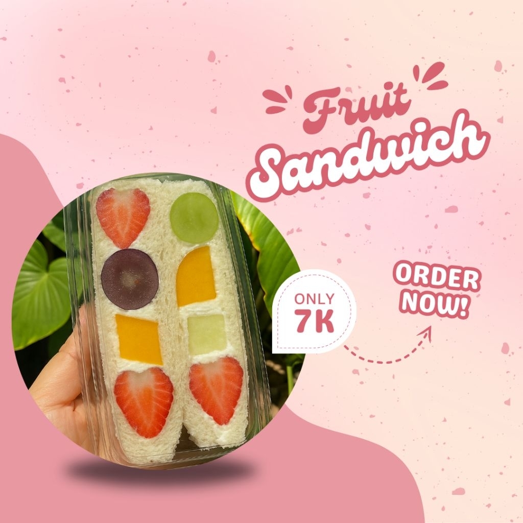 

Fruit Sandwich – 7K/slice | Cemilan Sehat & Fresh | Isi Stroberi, Anggur, Mangga