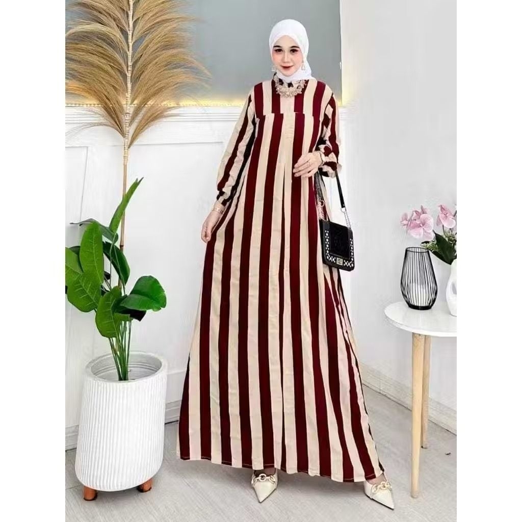Gamis Salur Terbaru Midi Dress Lurik Wanita Kekinian Dress Viral Rayon Premium / Gamis Rayon