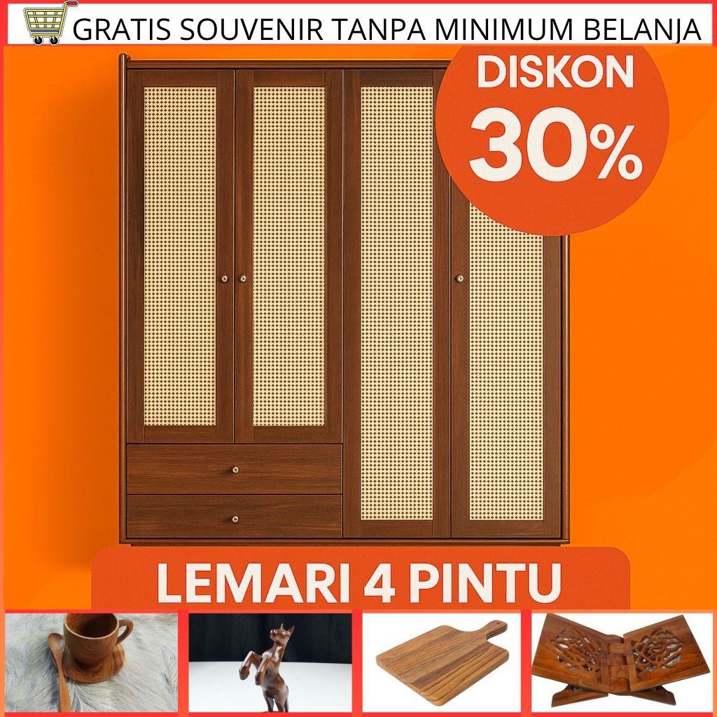 LEMARI PAKAIAN 4 PINTU ROTAN | LEMARI KAYU | LEMARI PAKAIAN KAYU MINIMALIS